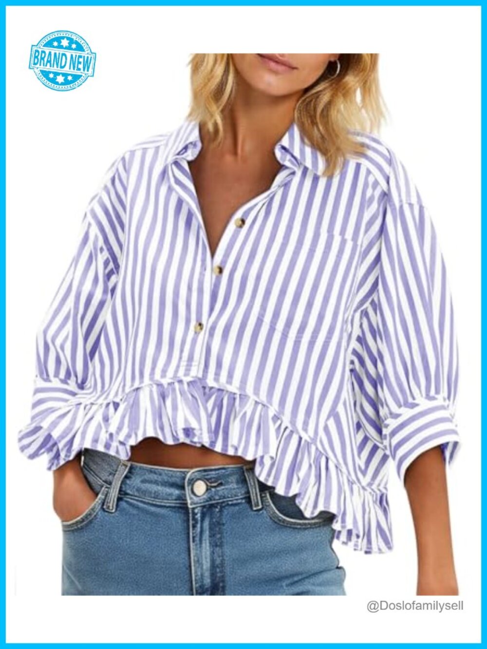 Womens Cropped Striped Button Down Shirt Ruffle 3/4 Sleeve Blouse